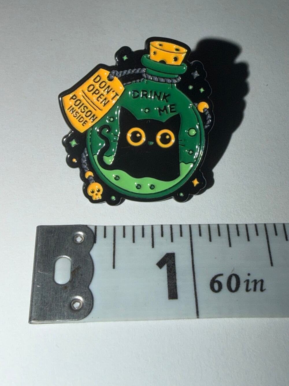Don’t Open Poison Inside Drink Me Black Cat Green Pin Brooch